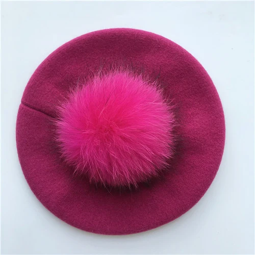 Rose match fur Женские береты, шапка, зимние женские Повседневные вязаные шерстяные береты с натуральным мехом енота, весенние женские одноцветные береты, шапки - Цвет: Rose match fur