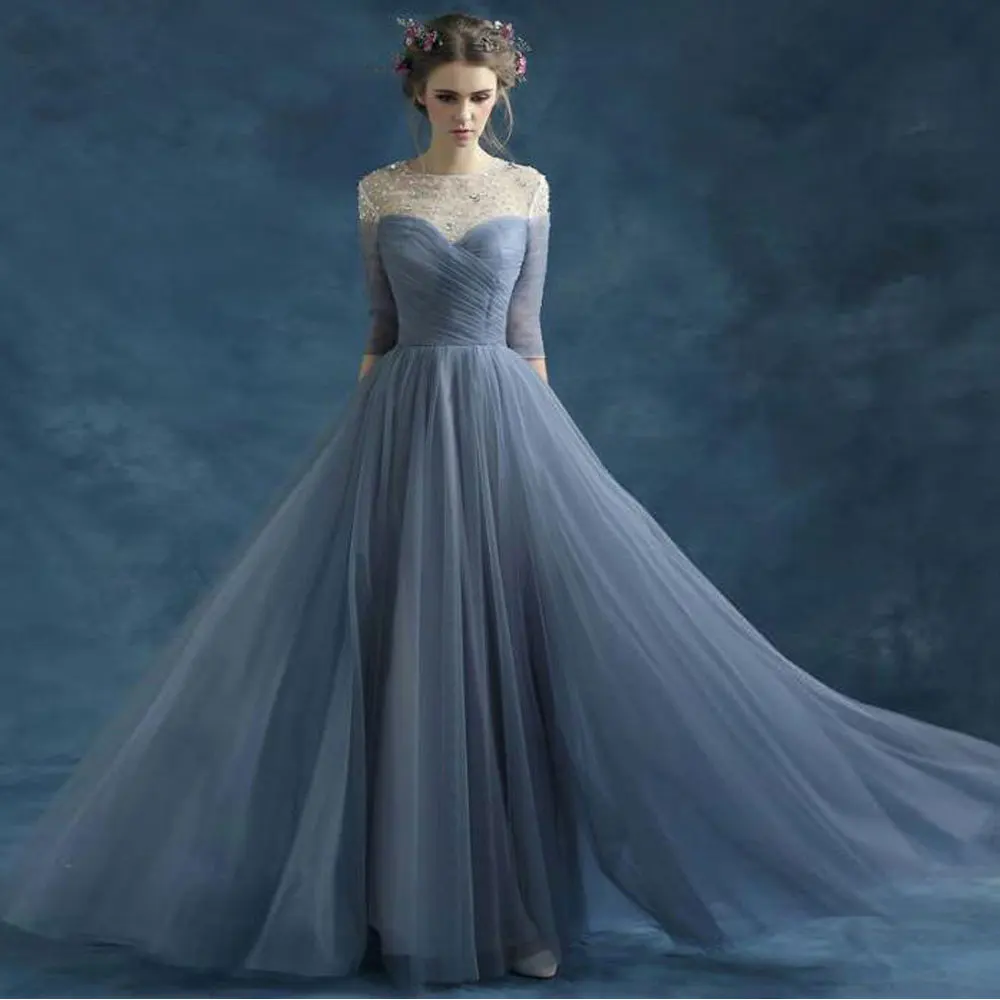 

Banbage middle-lengthÂ sleeves Beading Fold\Ruffle Draped Open back Button Floor length Jewel Net/Tulle A-line Evening Dresses