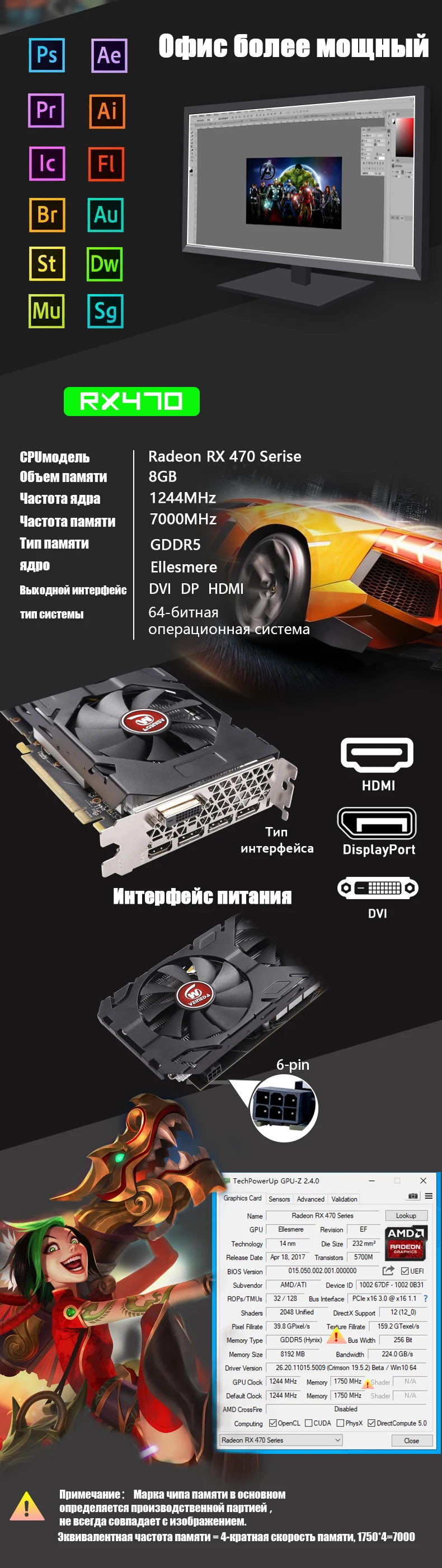 Видеокарта Radeon RX 470 256bit 8 Гб GDRR5 DP HDMI DVI готовая к AMD видеокарта не Майнинг совместимый rx 570 8 Гб