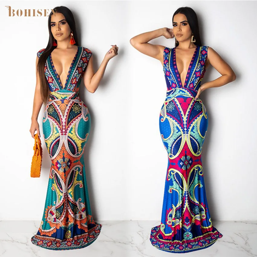 BOHISEN африканская Дашики женское Макси платье юбка без рукавов Глубокий v образный