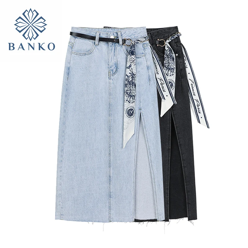 

2021 Autumn Women Fashion Long Jeans Loose Skirts Split High Waist Denim Vintage Female Straight Side Split A-line Pencil Skirts