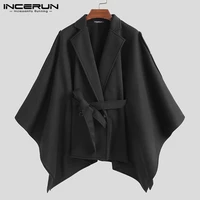 incerun fashion men cloak coats turn down collar loose solid button poncho streetwear 2021 lace up trench cape chic mens jackets