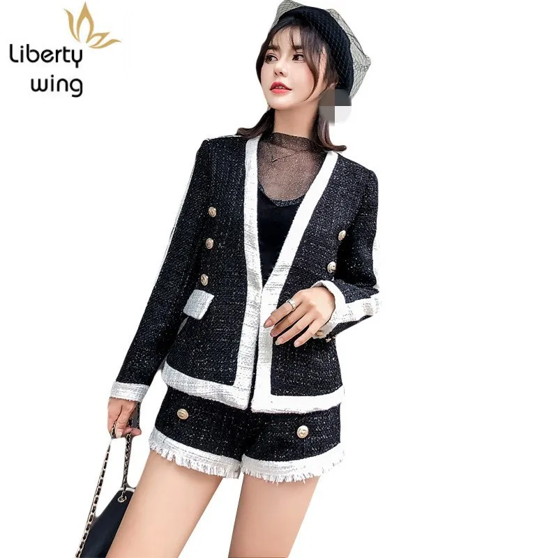 High Quality Luxury Womens Chic Set Fashion Button Tweed Blazer Jacket Shorts 2 Pieces Sets Elegant Slim Fit Ladies Outfits