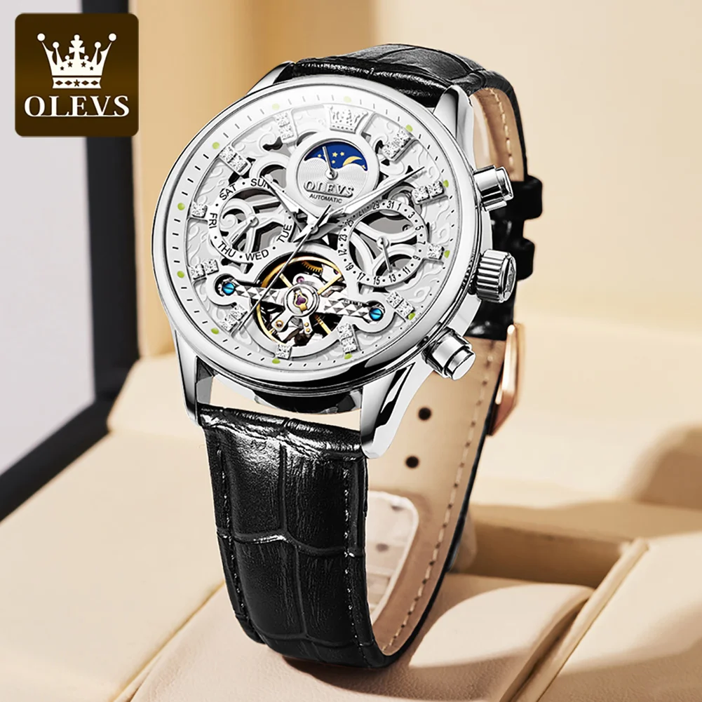 OLEVS Brand Luxury Automatic Mechanical Watches for Men Fashion Diamond Moon Phase Tourbillon Watch Waterproof Relogio Masculino enlarge