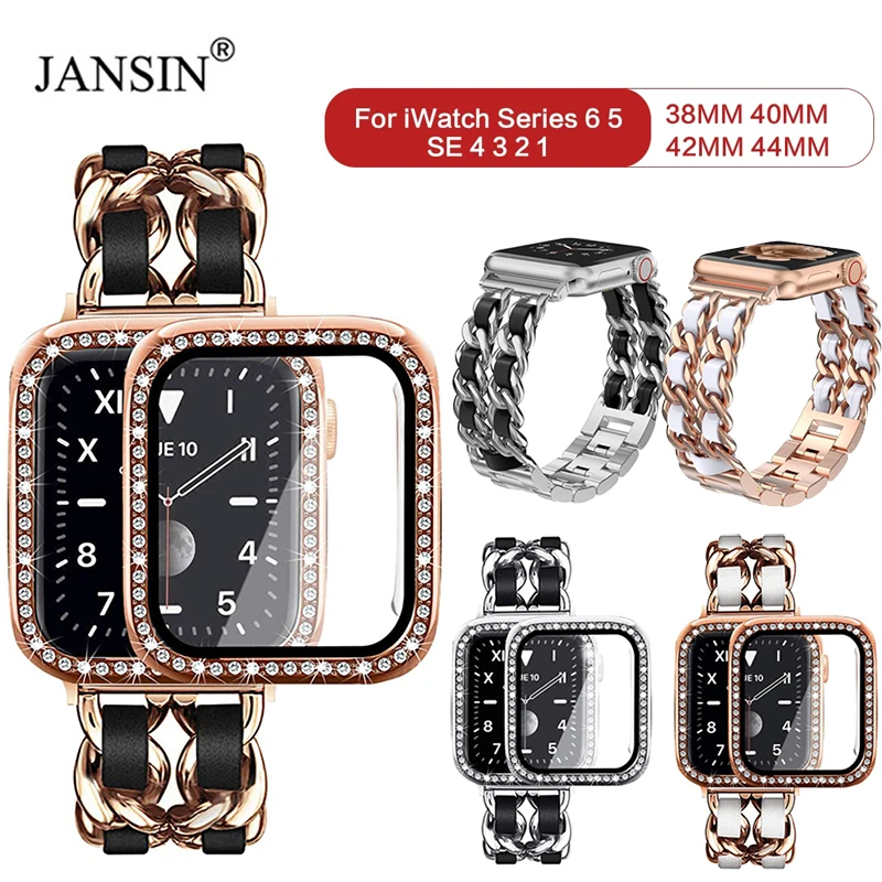

Diamond Glass Case+Women Jewelry Bracelet Metal Strap For Apple Watch 44mm 40mm 38mm 42mm Band For iWatch Strap SE 6 5 4 3 2 1