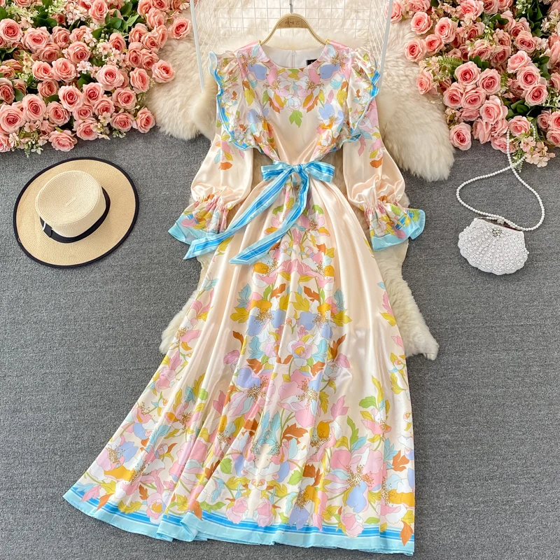 

Autumn Palace Floral Maxi Dress 2021 Runway Vintage Female Flower Print Ruffled Flare Sleeve Bow Sashes A Line Long Dress S61902