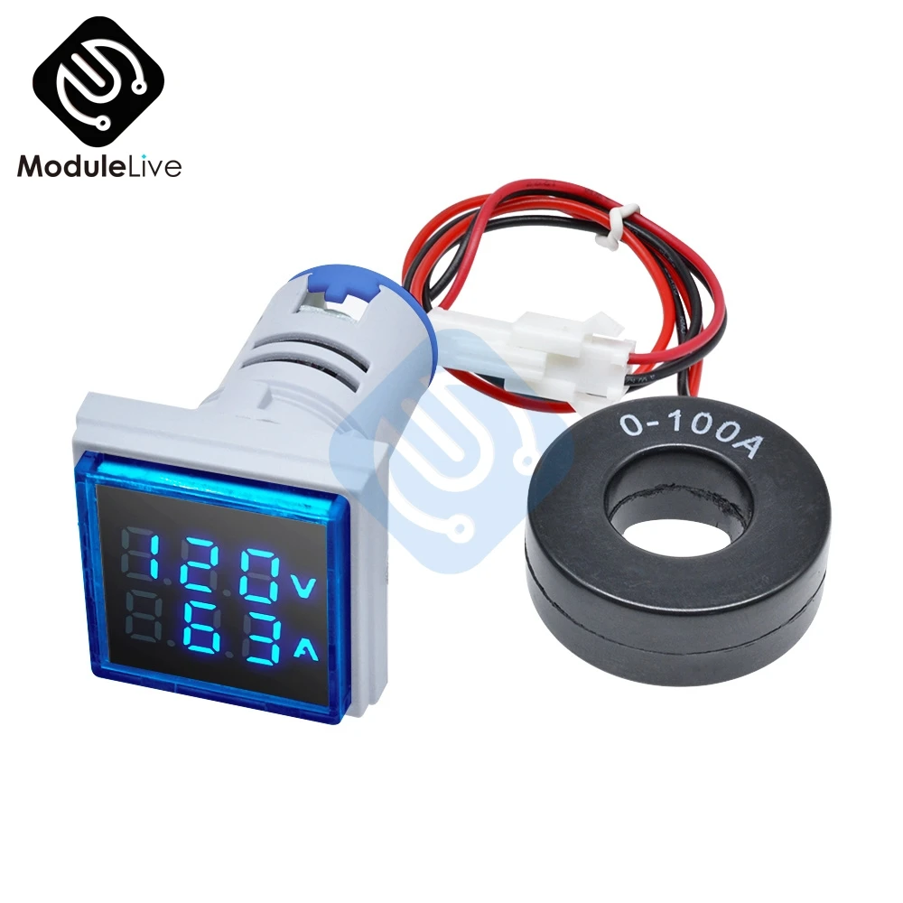 

22MM 1-100A AC 50-500V 20-75Hz Digital Voltmeter Ammeter Voltage Current Meter Detector Blue Square Tester 220V Tools
