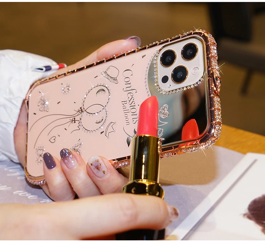

Rhinestone Metal Bumper Phone Case For iPhone 11 12 Mini Pro Max Luxury Glitter Mirror Style X XR XS Max Cute Bling Girl Cover
