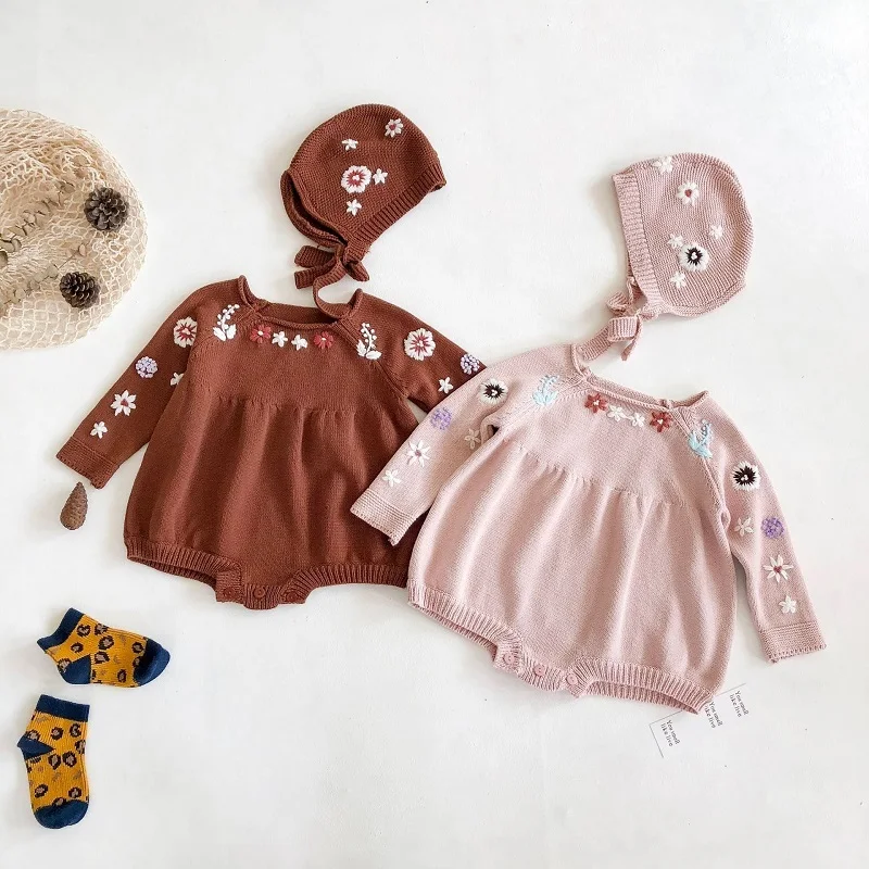 

Infant Clothing Autumn New Cute Floral Sweater Romper Newborn Baby Girls Clothes Embroidered Long Sleeve Knit Baby Jumpsuit+Hat