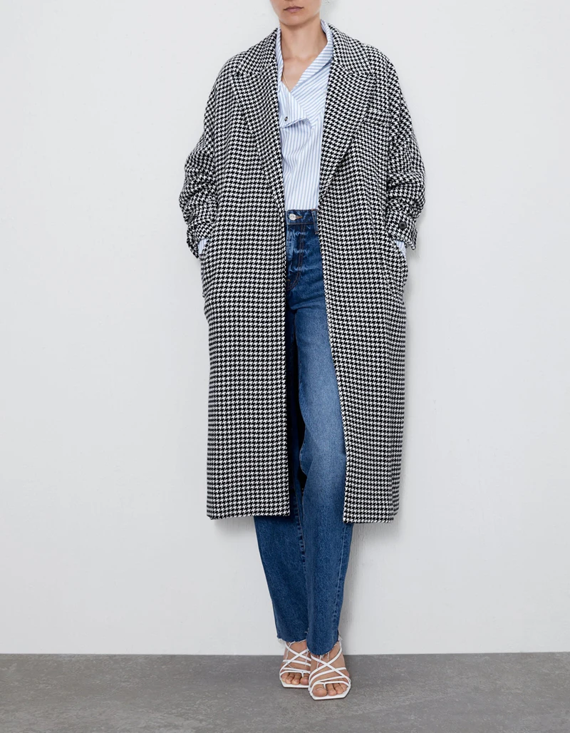 Осенне-зимнее длинное шерстяное пальто в клетку свободное теплое шерстяное комбинированный Тренч пальто кардиган верхняя одежда с поясом WB9619