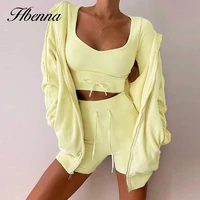 hbenna casual 2 pieces sets women 2021 solid long sleeve crop top with shorts sets slim elastics fashion outfit o neck homewear
