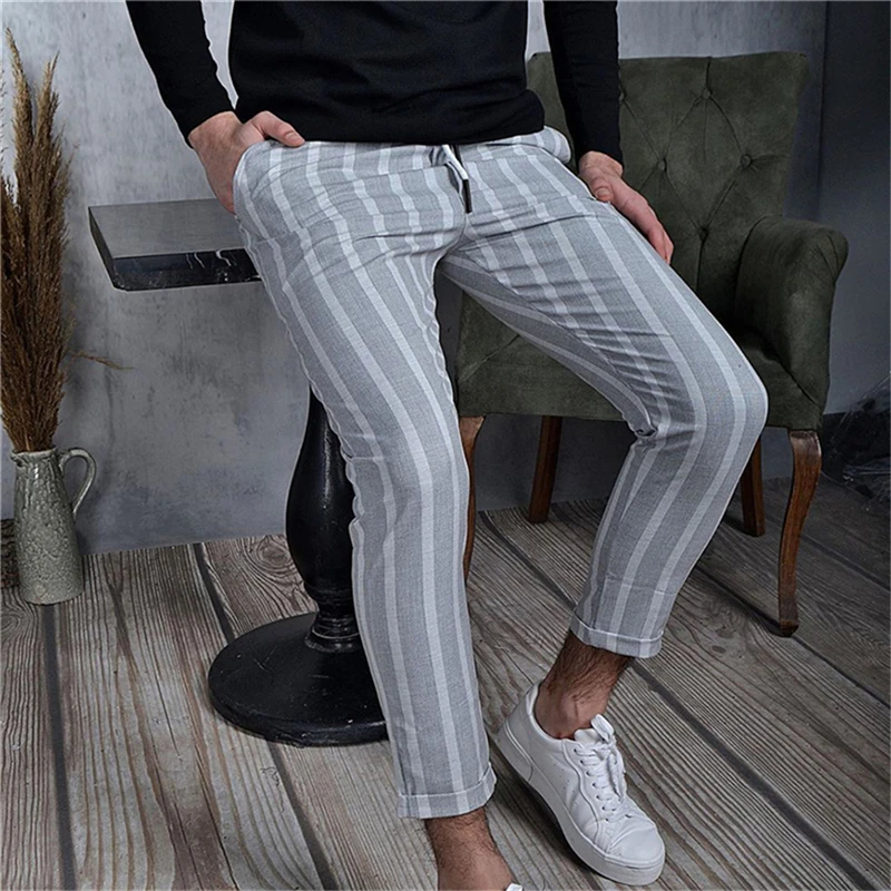 

Autumn Men Stripe Pants Casual Lace Up Middle Waist Pencil Pants Fashion Streetwear Male Skinny Trousers