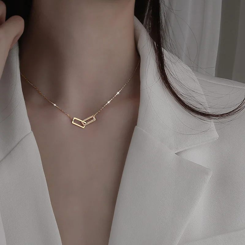 

New Silver Plated Double Rectangle Zircon Shiny Geometric Zirconia Pendant Necklace 2021 Trend Jewelry Gift For Girl Choker