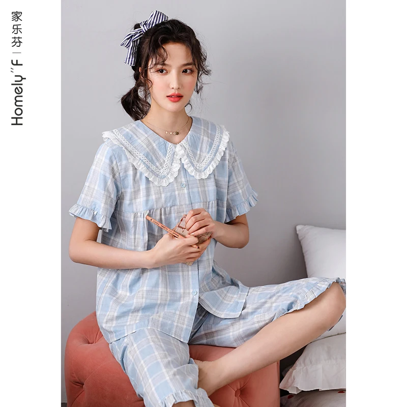 

Пижама женская летняя, хлопковые шорты с коротким рукавом, домашняя одежда, тонкий газовый кардиган в японском стиле, костюм на лето