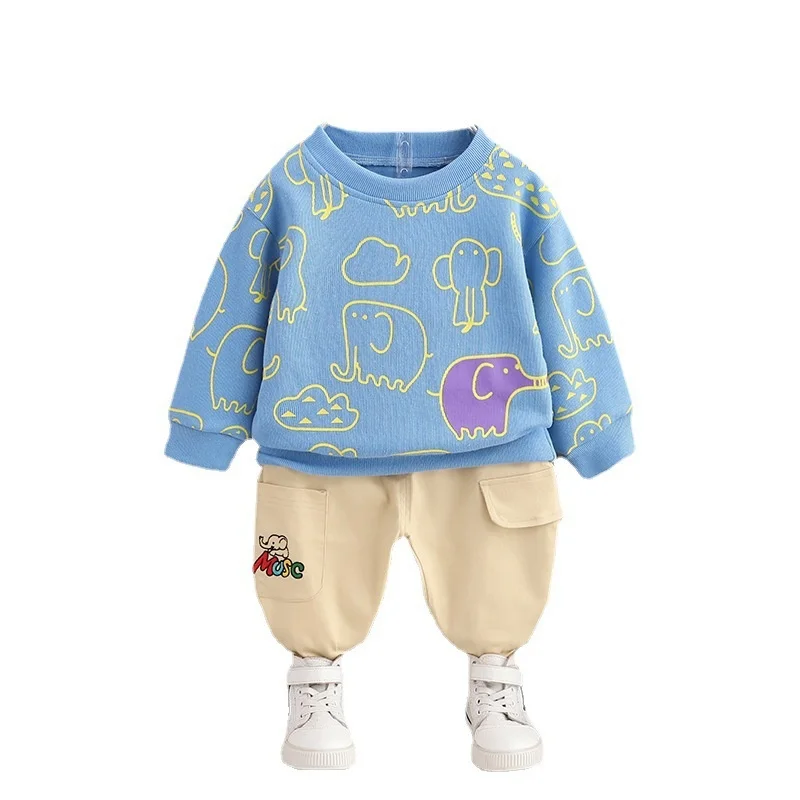 

Новый детский мультяшный костюм, осенняя хлопковая футболка и штаны для маленьких девочек и мальчиков, 2 шт./компл., повседневный костюм для ...