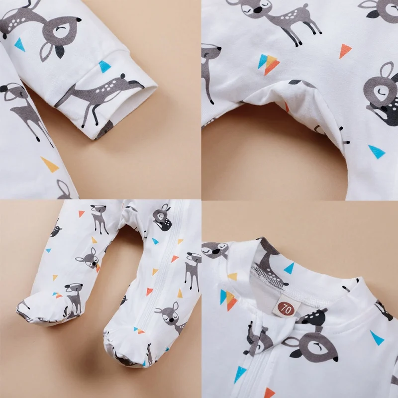 

Spring Infant Baby Bodysuit Girls Boys Long Sleeve Cartoon Animal Deer Print Jumpsuit Hat Headband Kids Footies Outfits Set