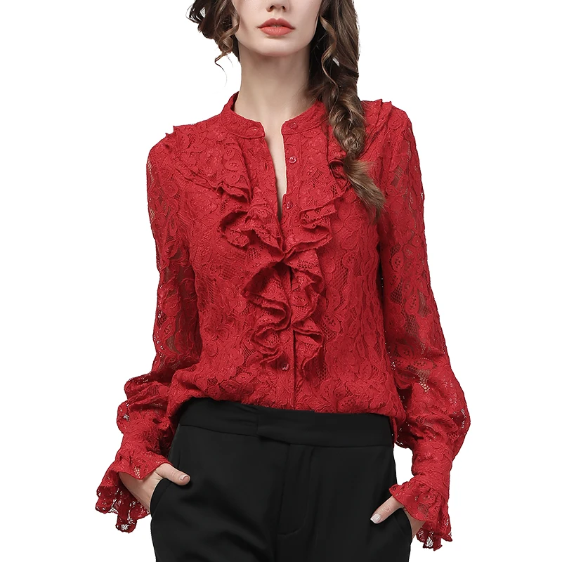 

Fashion Women Red Lace Shirt Autumn Winter Bottoming Tops Ruffles Hollow Out Floral Design Elegant Slim Ladies Office Blouses
