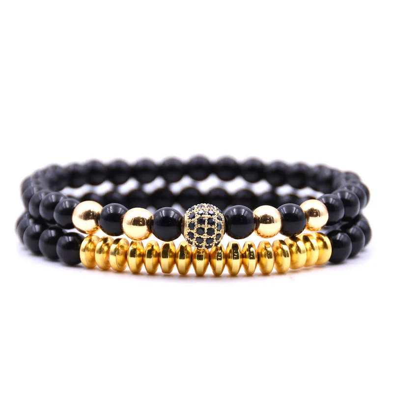 2 шт/комплект из натуральных камней черного мяч для мужчин бисер браслет Micro Pave CZ 6