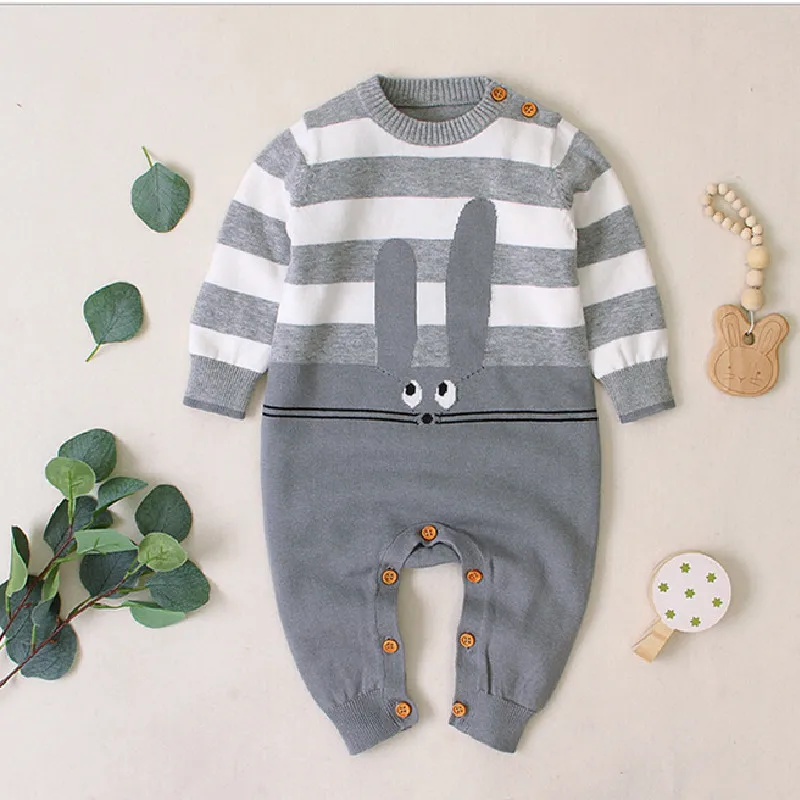 Вязаный детский комбинезон с кроликом для новорожденных осенне-зимняя одежда
