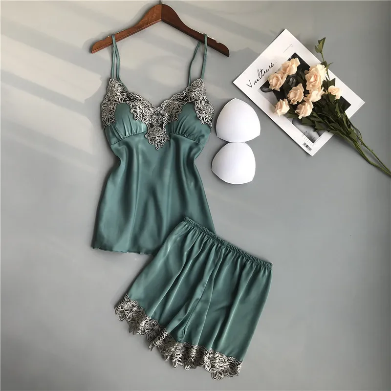 

21 Spring and autumn sexy ice silk sling shorts pajamas two-piece set thin deep v home clothes girl 2pcs sleepwear pajama sets