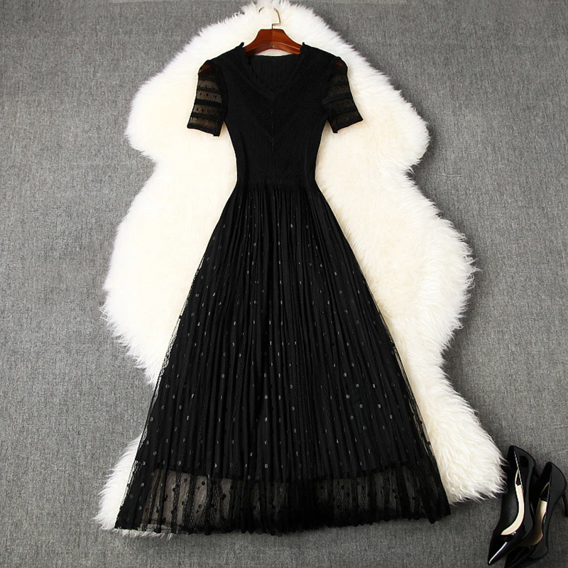 

STREET New HIGH Fashion Summer 2021 Designer Runway Dress Women's Short Sleeve Knitting Gauze Patchwork Dress