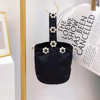 silk women designer handbags 2021 girl shopper purse fashion casual vintage black pearl beaded flowers bucket bag top handle bag
