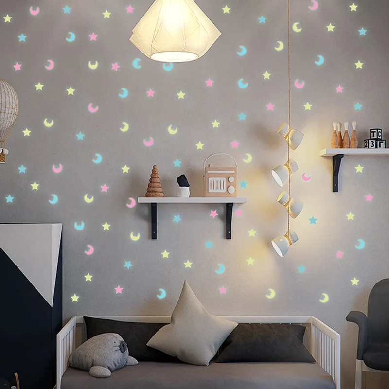 

Wholesale 100pcs Luminous Mixed Color 3D Plastic Stars moon Fluorescent Stickers Children's Room Home Decoration Wall Stickers