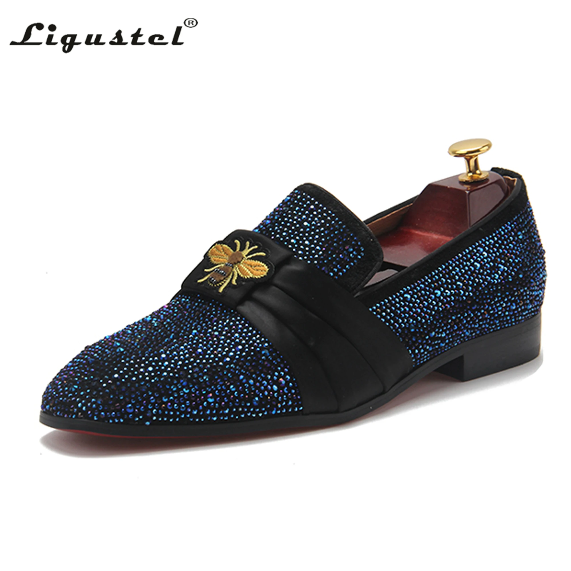 

Ligustel Men Leather Loafers Luxury Formal Dress Red Bottom Blue Shoes for Men Prom Wedding Designer Rhinestone Shoes Original