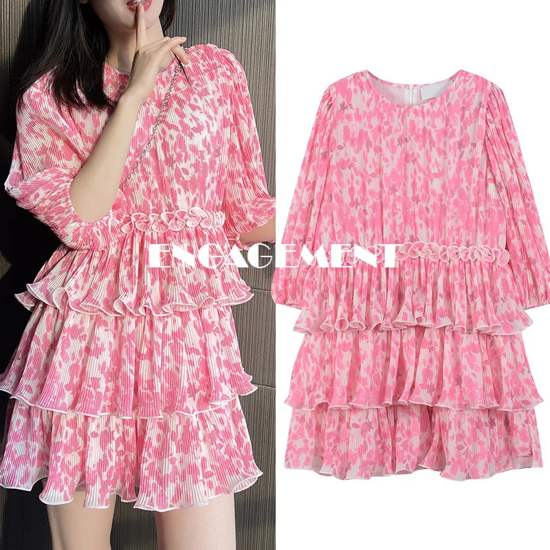 

ENGAGEMENT 2021 Summer and Autumn New Flounce Rendering Powder Pleated Cake Lantern Sleeve Dress Female