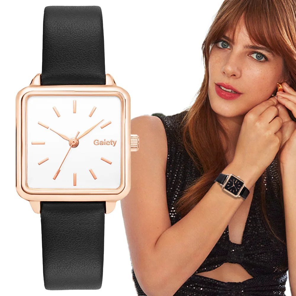 

Rjes cuadrados sencillos de Quartz para mujer, pulsera de cuero, color negro y marron, envполучить de rjes