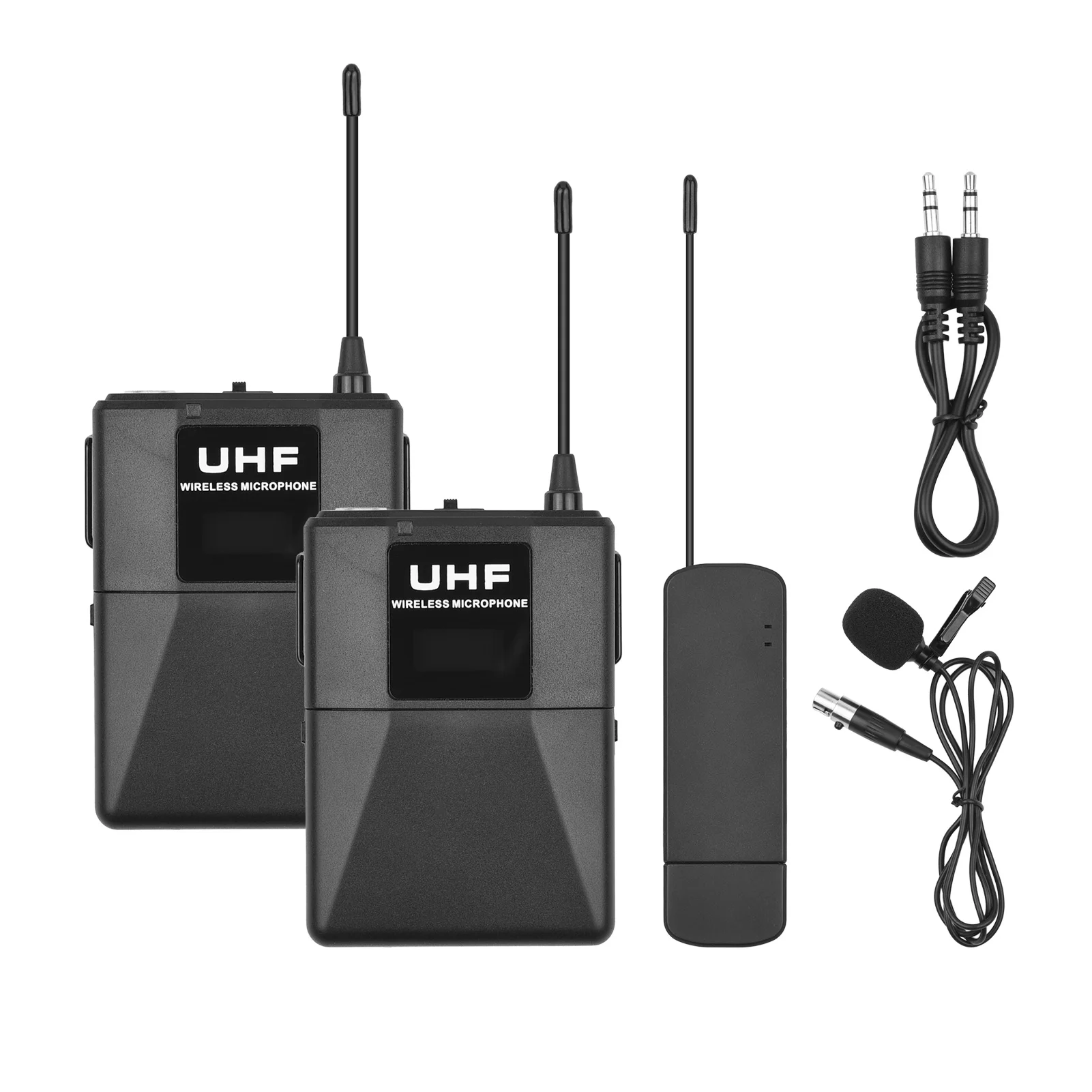 

UHF Wireless Lavalier Lapel mini Microphone System Dual Clip-on Mic with Bodypack Transmitter USB Plug & 3.5mm Port Receiver 30M