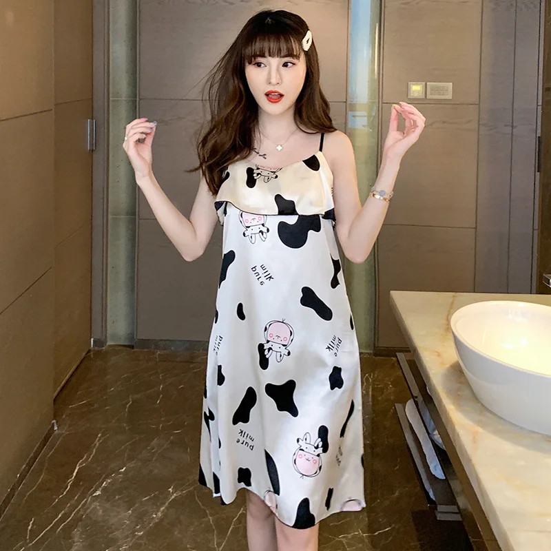 Padded Nightdress Women's New Suspender Ice Silk Nightdress Summer Thin Mid-Length Homewear Can Be Worn outside