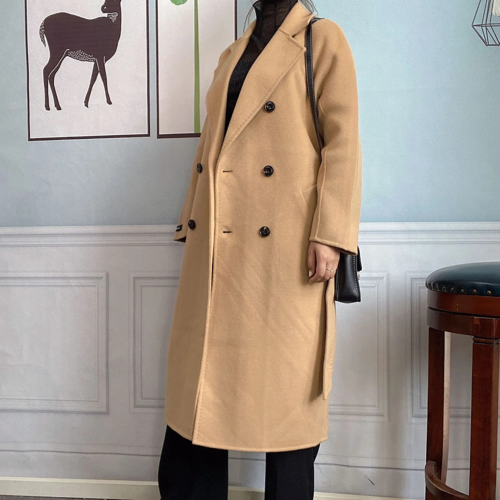 

2021 Winter Handmade Korean Double Breasted Long Black Loose 100% Wool Coat Women Lacing Belt Woolen Oversized Overcoat