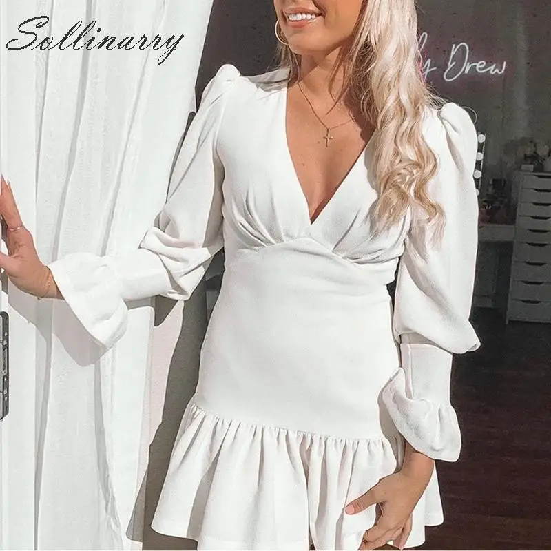 Sollinarry зимнее платье с глубоким v образным вырезом женское 2019 длинным рукавом