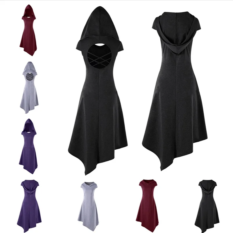 

Womens Dresses Vintage Gothic Hooded Cut Out Midi Dress Ladies Silm Fit Batas Blusas Feminina Short Sleeve Dress Vestidos Mujer