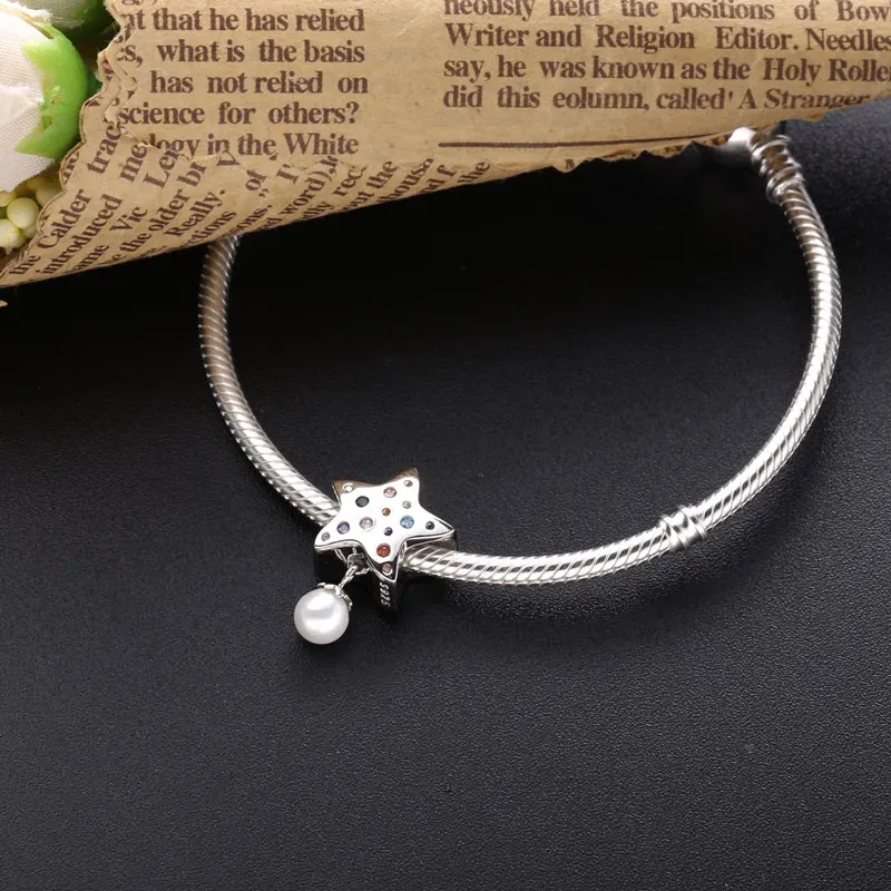 

Moonmory 925 Sterling Silver Zircon Full Stone Colorful Crystal Star Pearl Charms Pearl Pendant Necklace For Women DIY Jewelry