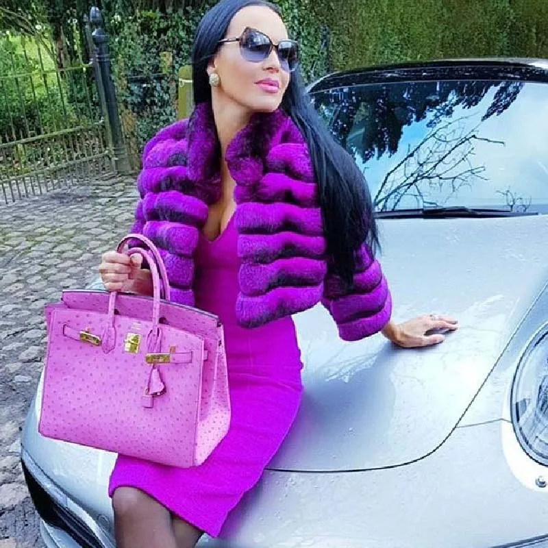 Fashion Short Natural Rex Rabbit Fur Coat Stand Collar 2022 Winter New Rose Purple Women Genuine Rex Rabbit Fur Jacket Outwear