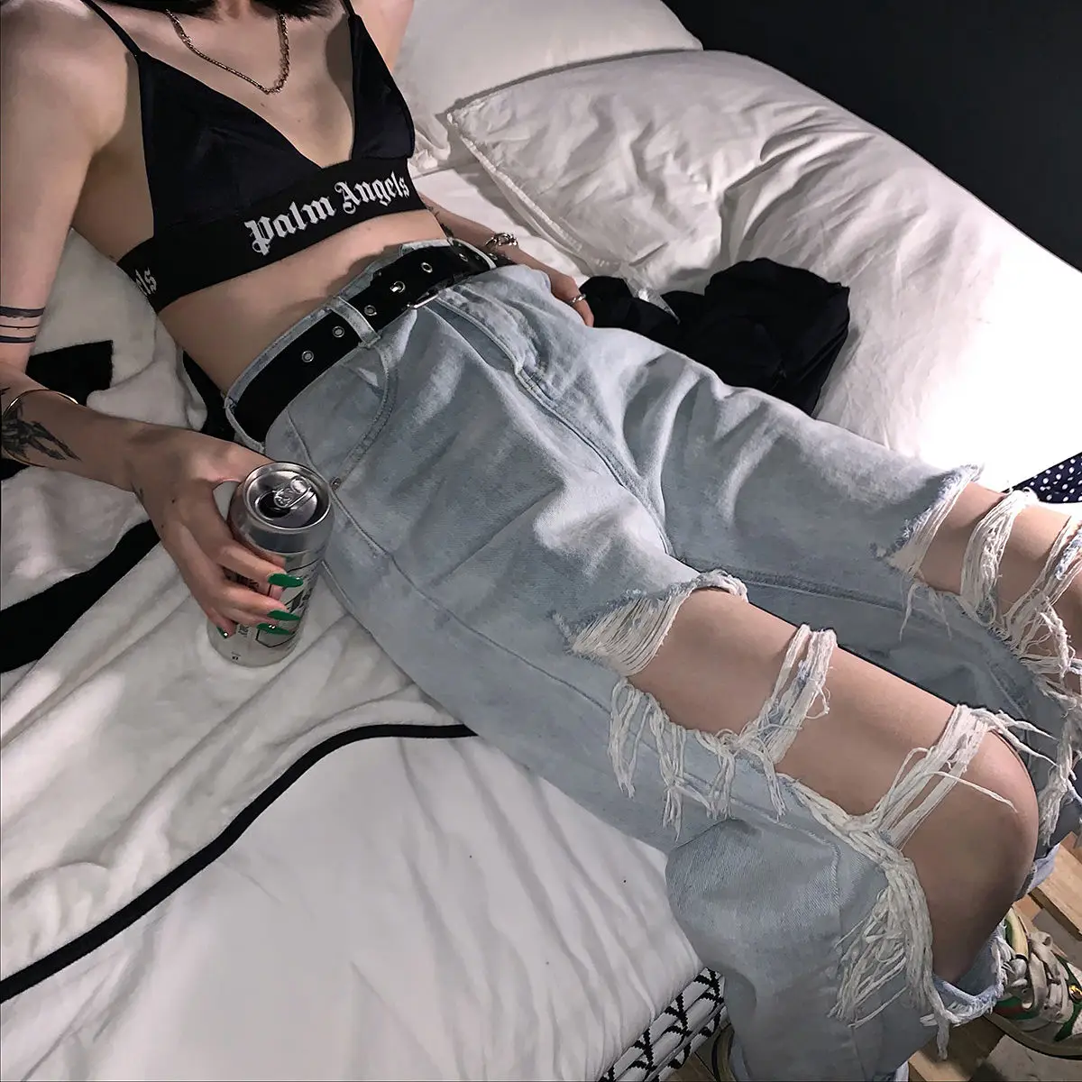 

Summer baggy pants women's wide leg jeans with holes straight tube high waist slim pants street fashion brand daddy