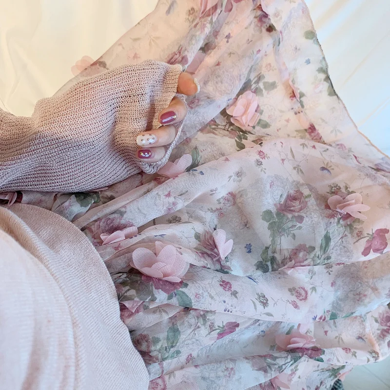 skirt Комплект из 3 предметов, женская летняя Новинка, камзол+ тонкий кардиган, укороченные топы, пальто+ шифоновая юбка, корейский модный женский костюм - Цвет: skirt