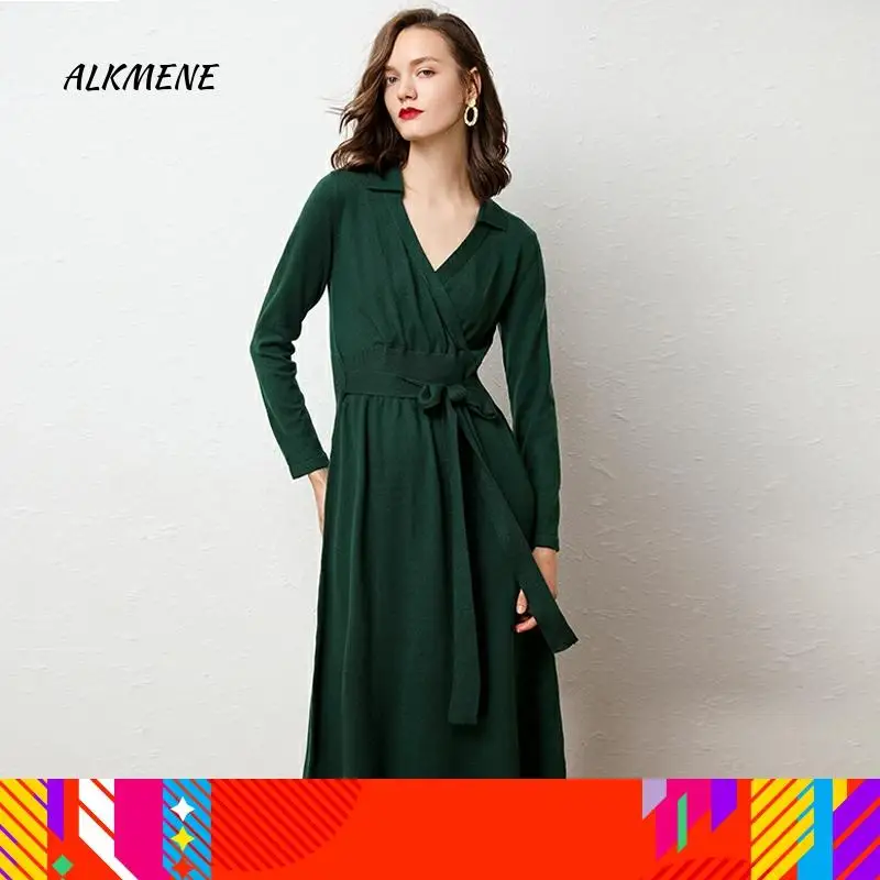 Женская длинная юбка-свитер с v-образным вырезом и поясом сексуальное вязаное