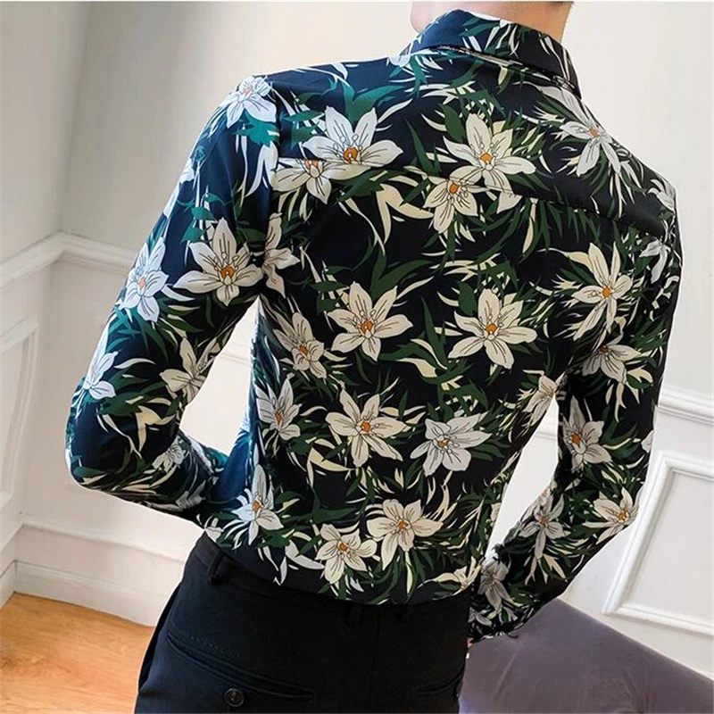 

Exquisite Plant Bud Pattern Printing Fashion Slim Long Sleeve Shirt Autumn New Top Quality Polyester Luxury Chemise homme M-XXXL