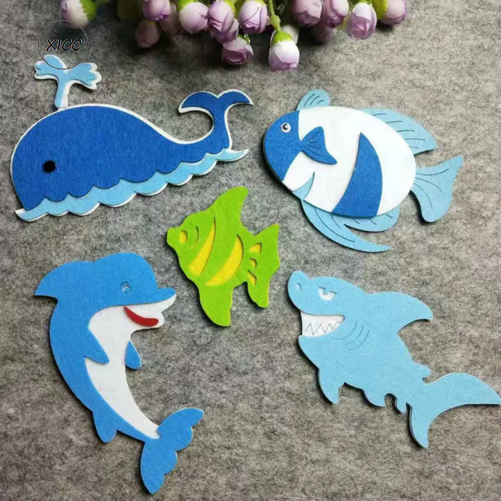 

XICC Blue Whale Fish Handmade DIY Felt Fabric Wall Stickers Dolphin Shark Handwork Decoration Non-woven Kids Education Felt Pads