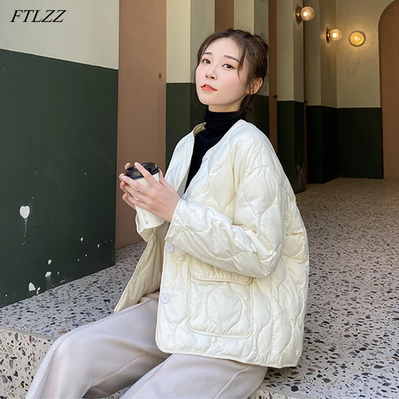 

FTLZZ New 2020 Winter Jacket White Duck Down Women Black Parka O-neck Singel Breasted Loose Thick Warm Snow Coat Outwear