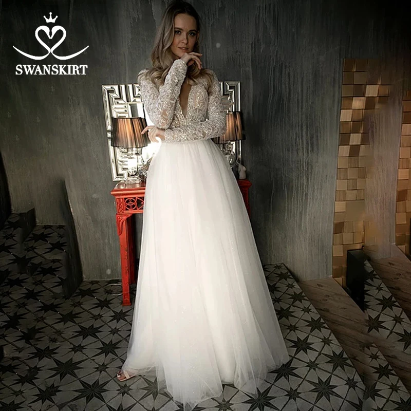 Сексуальное платье с v образным воротом аппликацией свадебное SwanSarah HZ26 простой