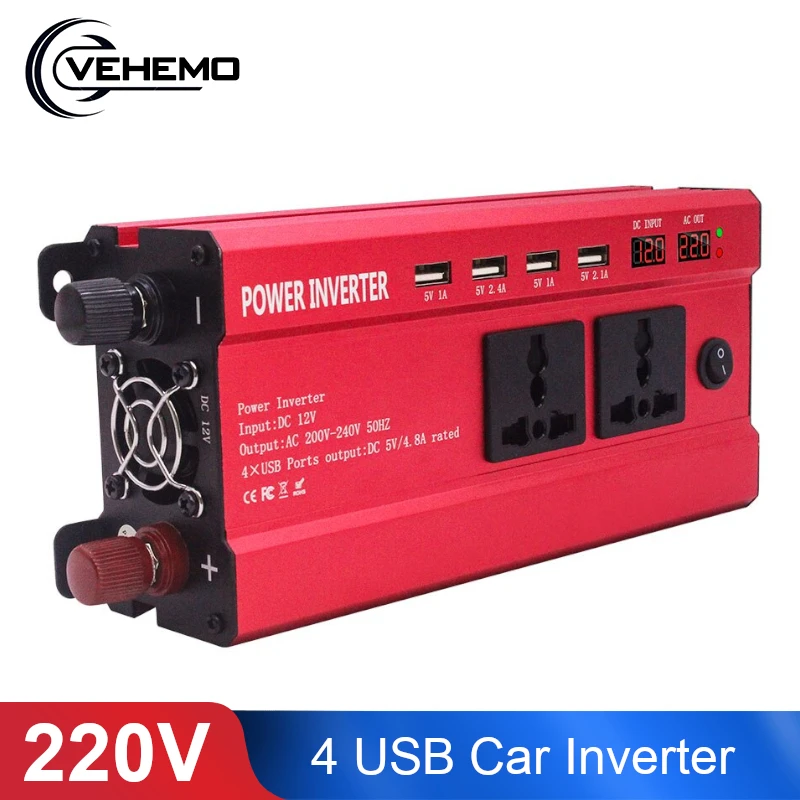 

Vehemo DC 12V To AC 220V 4 USB Car Inverter Car Premium Inverter Adapter Transformer Anti-Reverse Protection