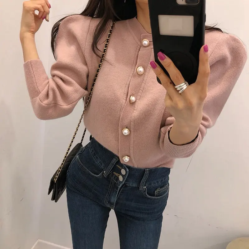 RealShe вязаный женский кардиган с О-образным вырезом и длинным пышным рукавом