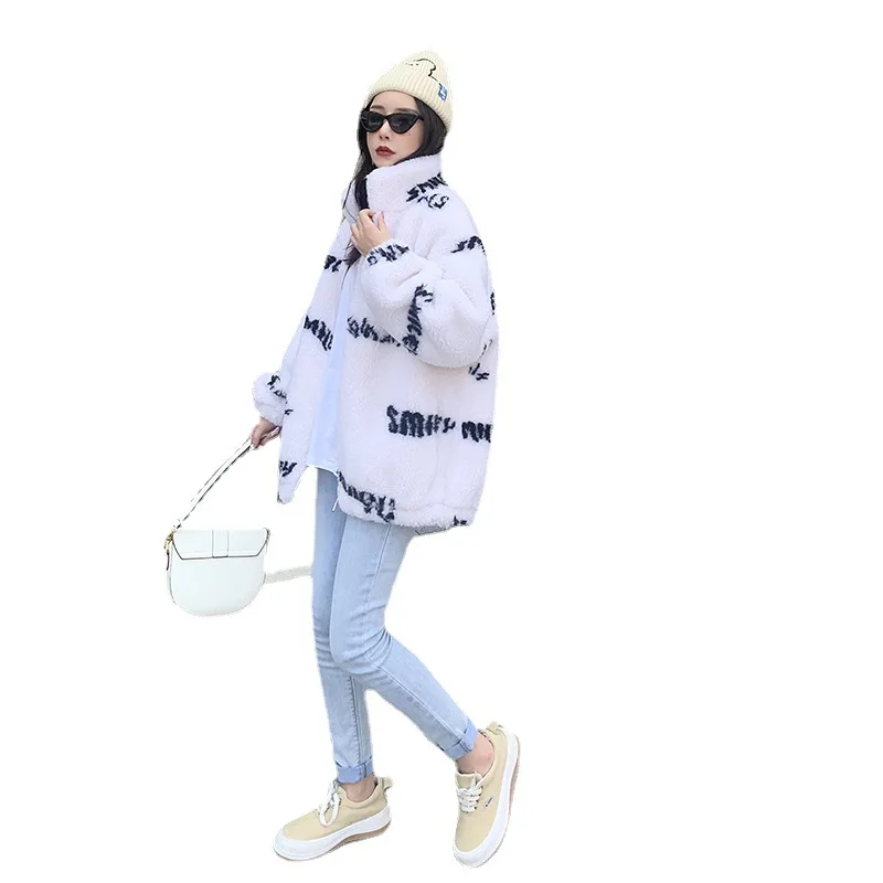 JESSIC Street Fashion Letter Fur Coats Women Winter Oversized Batwing Sleeve Faux Rabbit Fur Jacket Coat Hip Hop Streetwear