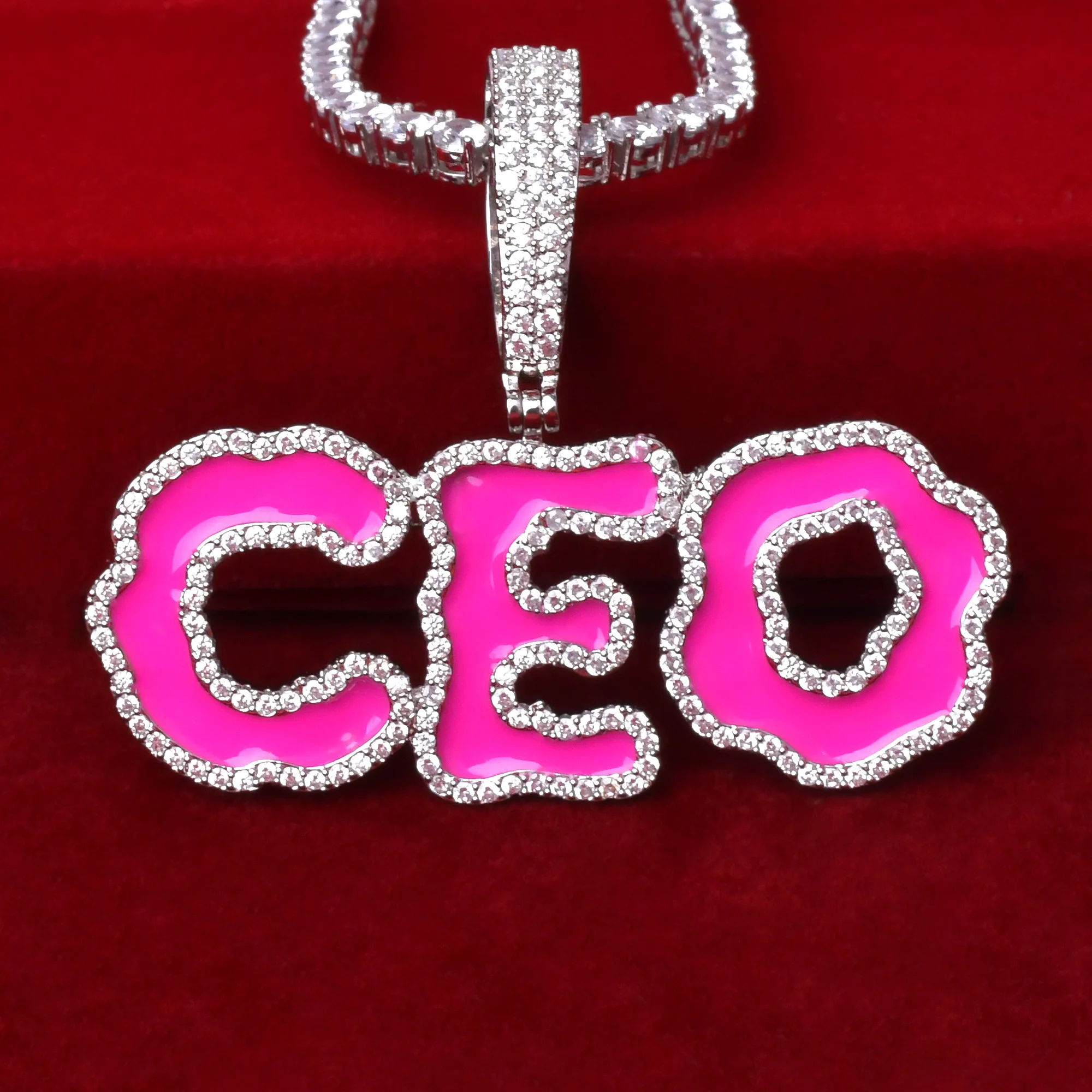 Solid Back Custom Name Pink Oil Letter Pendant Necklace  for Women 24K Real Gold Color Hip Hop Rock Jewelry