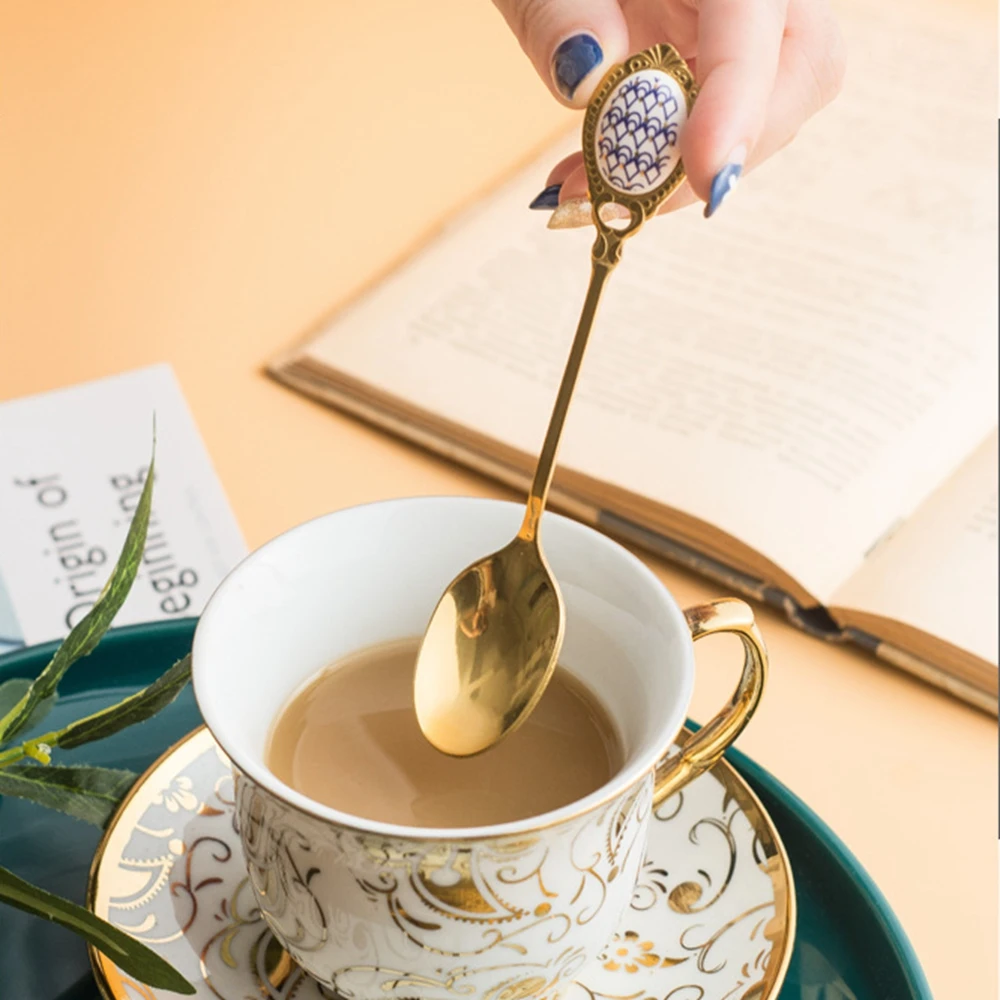 Stainless Steel Spoons Inlay Ceramic Handle Tea Coffee Scoop Vintage Gold Plating Dessert Spoon High Grade Cake Tool | Дом и сад