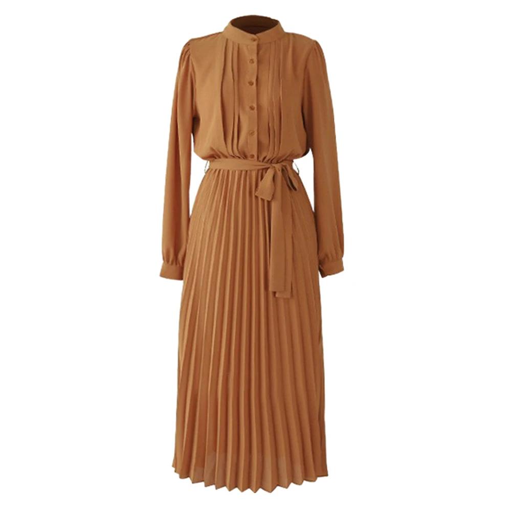 Элегантный женский сплошной цвет шифон с длинным рукавом плиссированные поясом